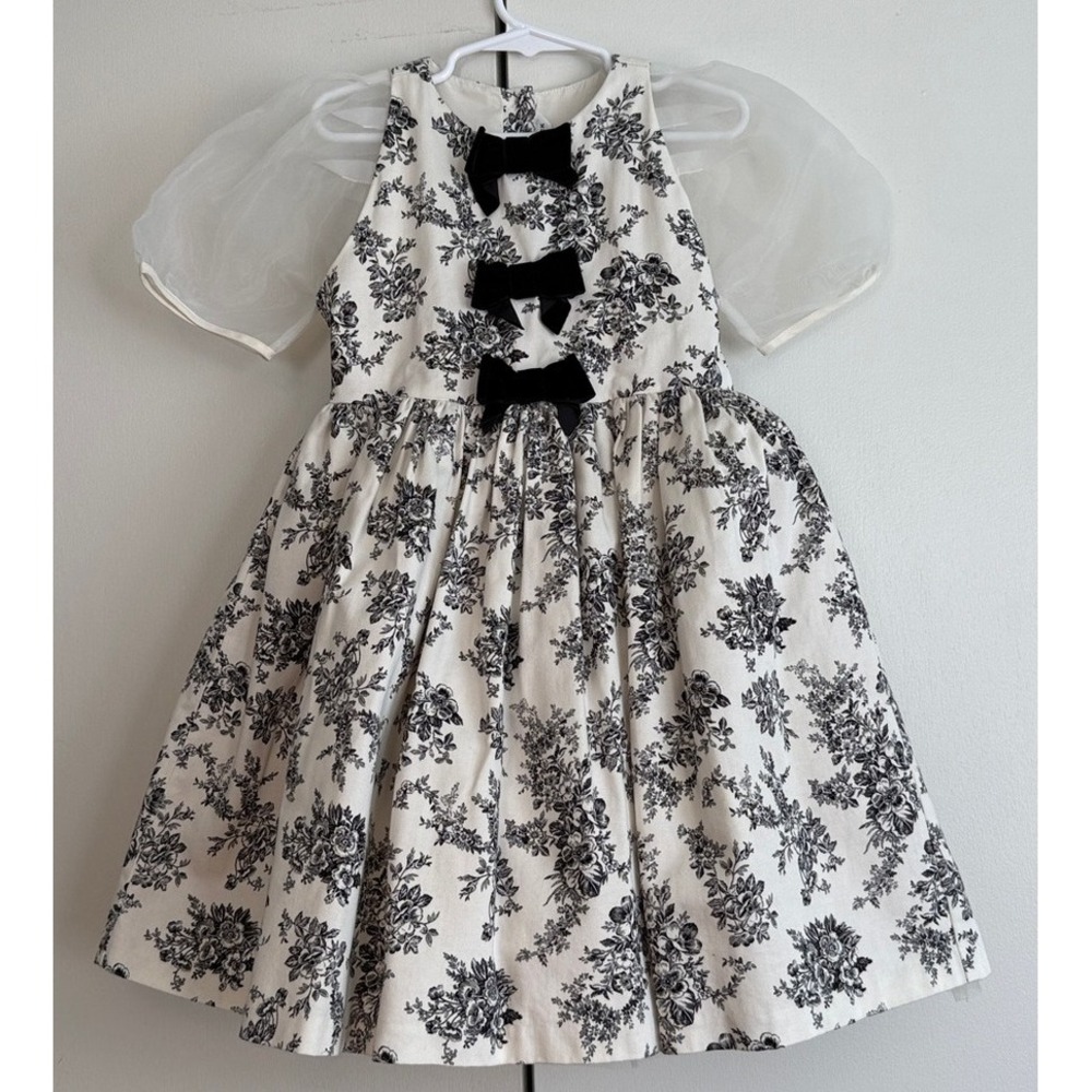 Janie and Jack White Floral‎ Dress Tulle Black Bows Back Buttons Size 5